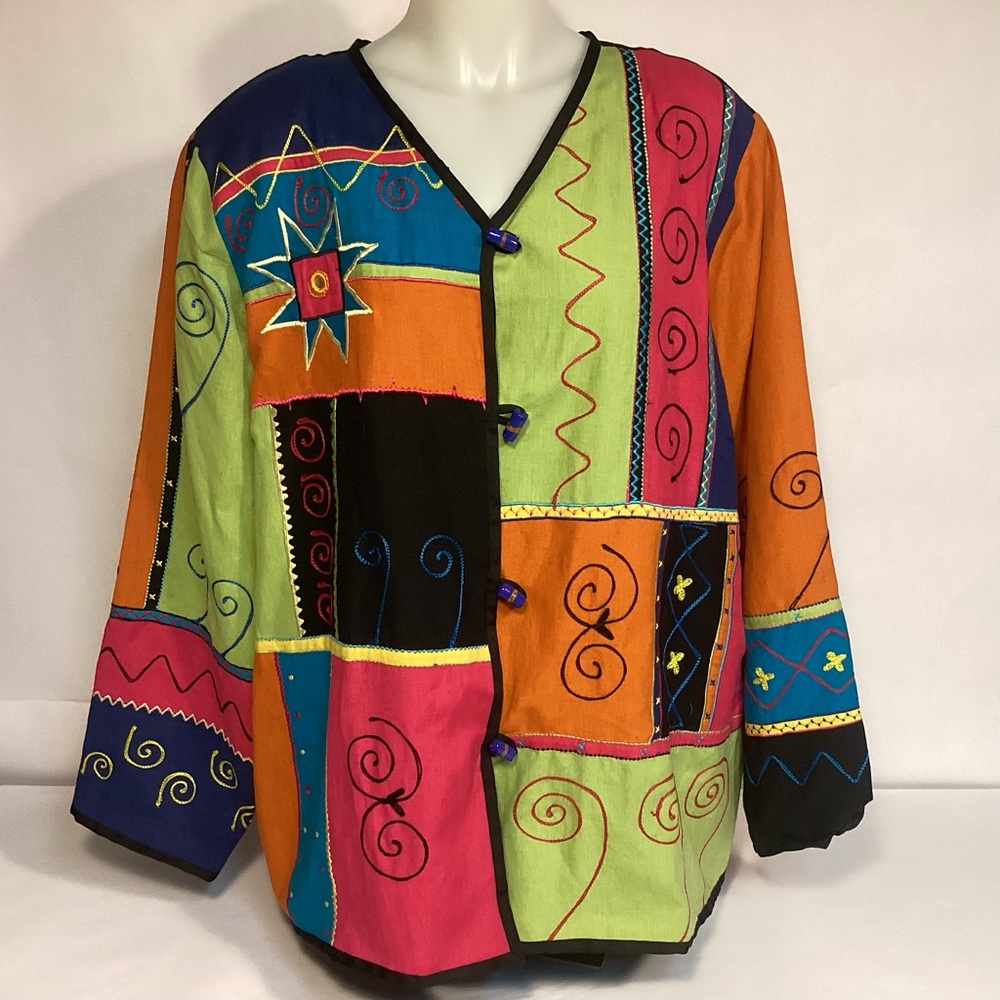Indigo Moon Multi Color Embroidered Jacket with toggle buttons Womens size 1X